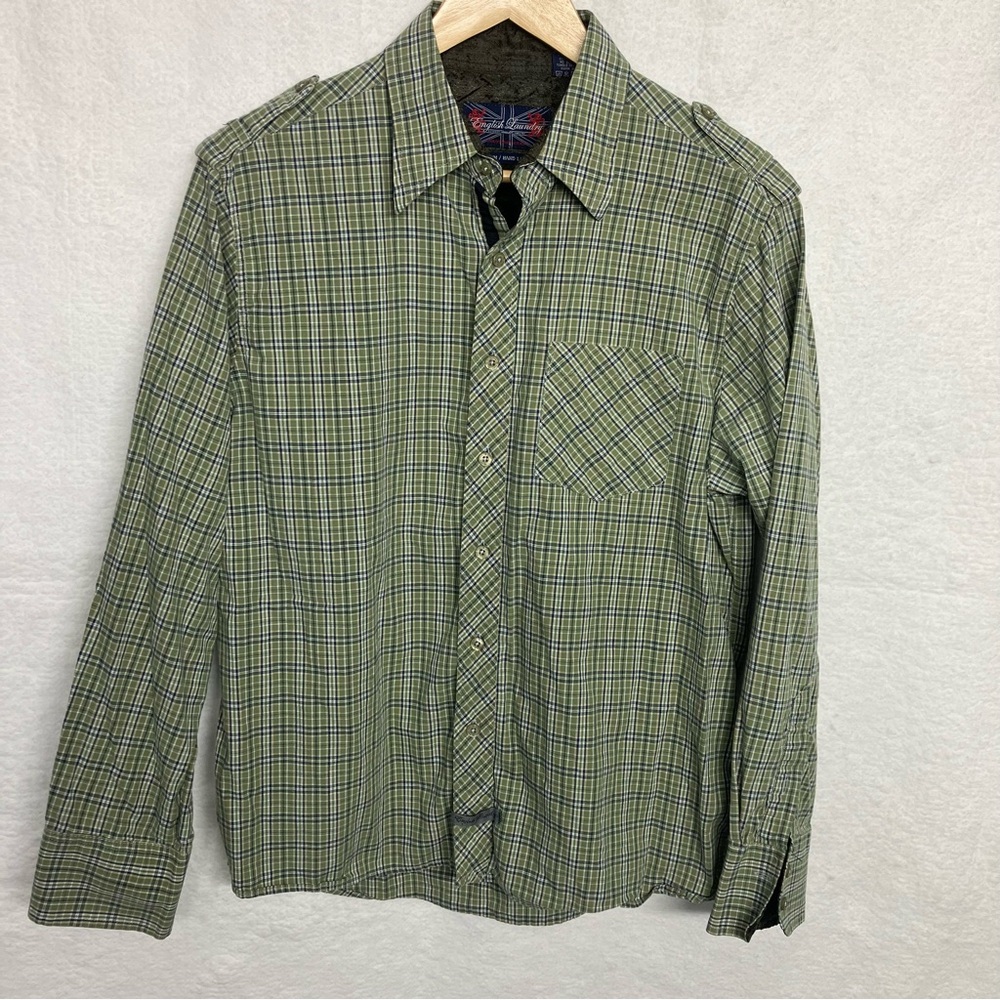 English Laundry Hand Sewn Green &‎ Blue Plaid Button Shirt with Epaulets, - L